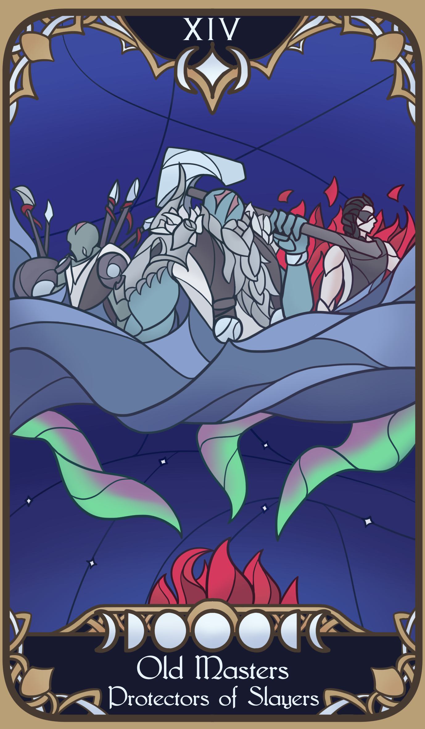 A tarot-inspired card for my homebrew D&D campaign, representing the 'Old Masters', former dragon hunters looking over their descendants.